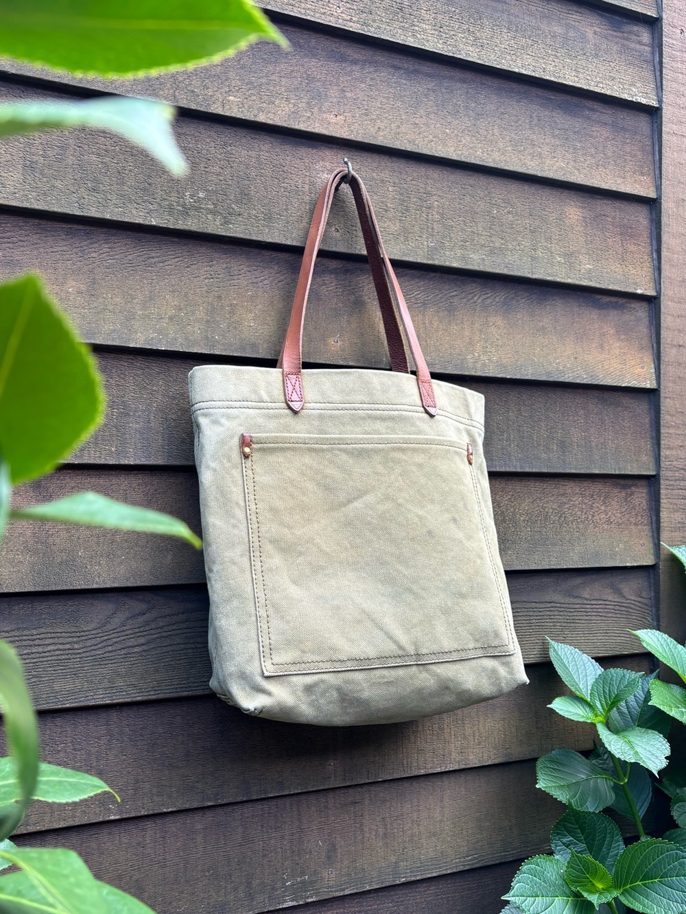 Madewell Olive Green Canvas Tote Bag with Brown Leather Handles